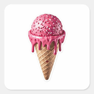 Adesivo Quadrado Delicious 3D Pink Strawberry Ice Cream Cone Sticke