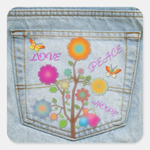 Adesivo Quadrado Denim Back Pocket Flowers Peace Love Hope Stickers
