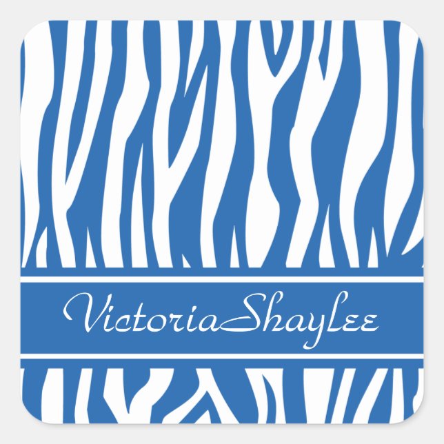 Adesivo Quadrado Denim Blue Zebra Print com texto personalizado (Frente)