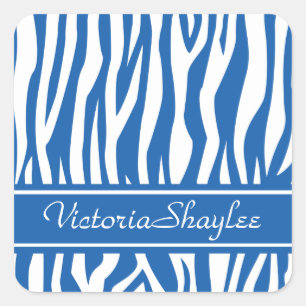 Adesivo Quadrado Denim Blue Zebra Print com texto personalizado