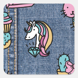 Adesivo Quadrado denim de patches unicorn