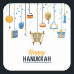 Adesivo Quadrado Desdecorações do Ícone de Feriado Feliz de Hanukka<br><div class="desc">Este design de feriado apresenta ícones de Chanucá como ornamentos decorativos, incluindo artigos como torá, dreidel, Star of David, velas. moedas de ouro e donuts judeus (sufganiyah). #hanukkah #chanukah #felyhanukkah #feriados #sazonal #festivo #torah #rosquinhas #donuts #dreidel #luz #vela #presente #presente #moeda #ouro #ouro #design #azul #moderno #estilo #na moda #saudações...</div>