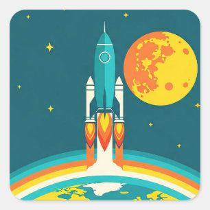 Adesivo Quadrado Desenho animado de foguete espacial fofo