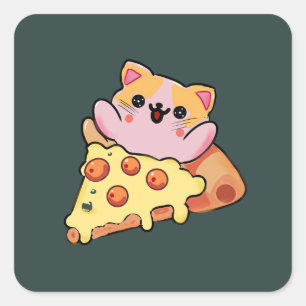 Adesivo Quadrado Desenho animado de gato Kawaii abraçando pizza de 