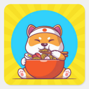 Adesivo Quadrado Desenho Animado de Shiba Inu Fofo Comendo Macarrão