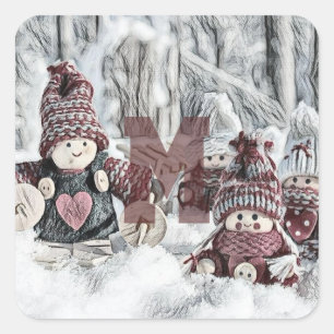 Adesivo Quadrado Desenho Antigo de Gnomos na Neve