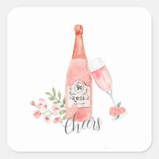 Adesivo Quadrado Desenho de aquarela floral e vinho rosé.