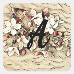 Adesivo Quadrado Desenho de flores de cerejeira marrom vintage com 