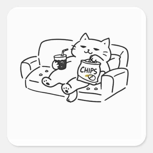 Adesivo Quadrado Desenho de Gato Preguiçoso (Frente)