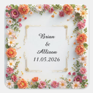 Adesivo Quadrado Desenho de Moldura Floral Elegante para Casamento