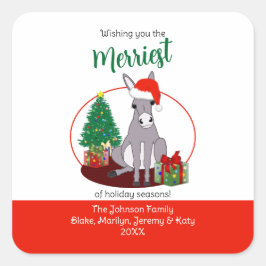 Adesivo Quadrado Desenho de Natal com Burro de Chapéu de Papai Noel