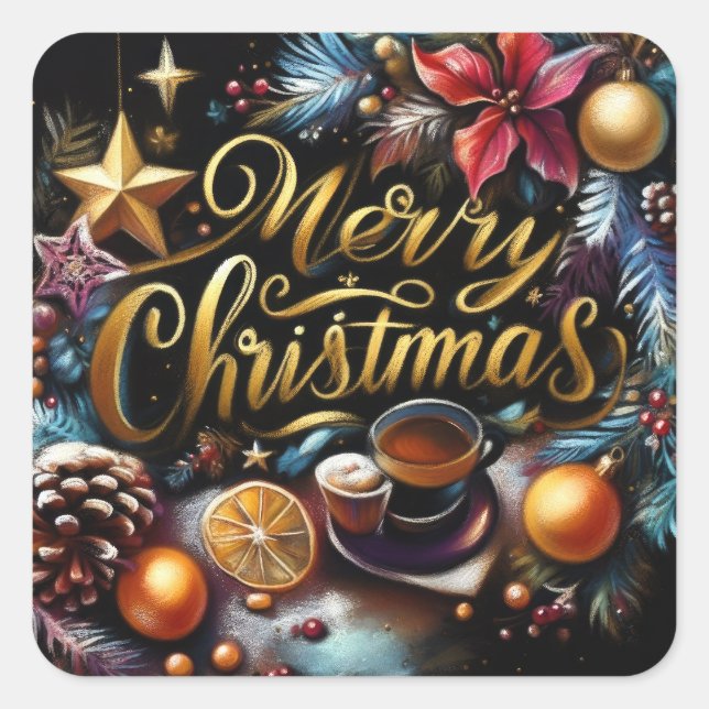 Adesivo Quadrado Desenho de Pastel de um Whimsical de Natal (Frente)