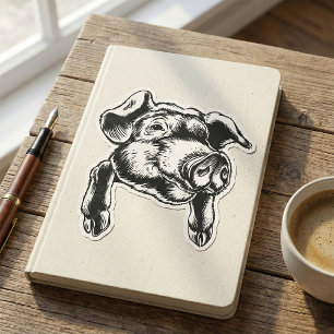 Adesivo Quadrado Desenho de Porco Cabeça de Fazenda em Preto e Bran