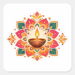 Adesivo Quadrado Desenho de Saudações de Diwali Colorido Diya Rango