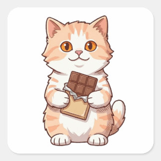Adesivo Quadrado Desenho de um Gato Fofinho e Felpudo Comendo uma B