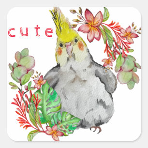 Adesivo Quadrado Desenho em aquarela de um papagaio engraçado em fo