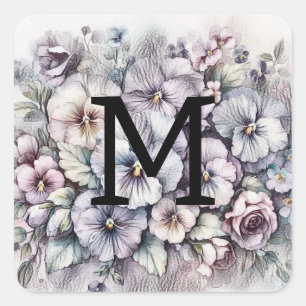 Adesivo Quadrado Desenho floral de monograma com flores de pensamen
