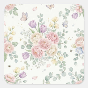 Adesivo Quadrado Desenho Floral em Aquarela Elegante