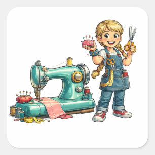 Adesivo Quadrado Desenho Fofo de Menina Costureira com Máquina Anti