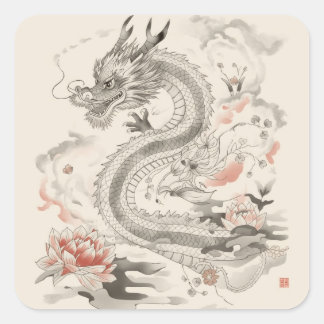 Adesivo Quadrado Desenho Intrincado de Dragão Chinês em Linhas Artí