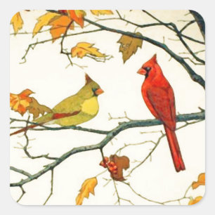 Adesivo Quadrado Desenho japonês venenoso, cardeais em um galho