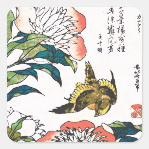 Adesivo Quadrado Desenho, peônias e pardal japoneses do vintage