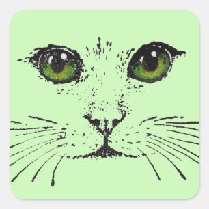 Adesivo Quadrado Desenho Preto da Face de Gato Olhos Verdes Intenso
