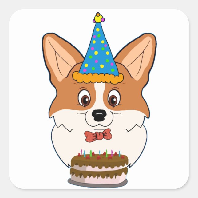 Adesivo Quadrado Desenhos animados do Corgi de Galês do aniversário (Frente)