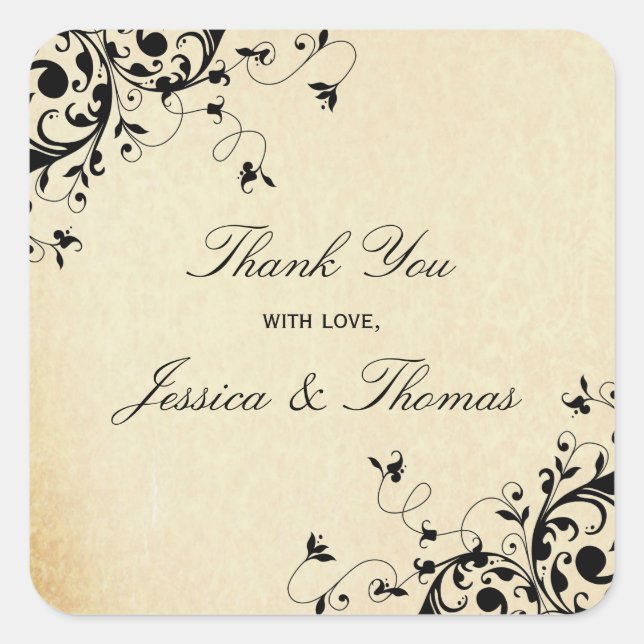 Adesivo Quadrado Desenhos Antigos Elegantes, Favor De Casamento Ou  (Frente)