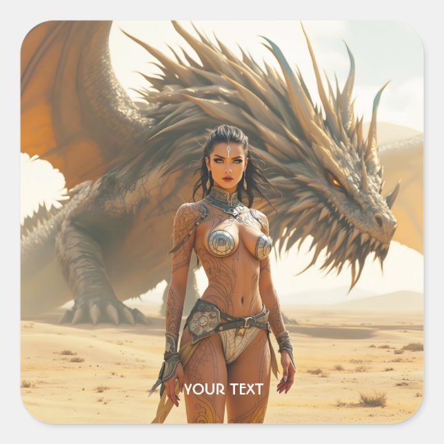 Adesivo Quadrado Deserto de Dragão Menina Fantasy (Frente)