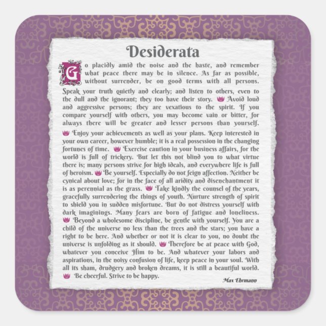 Adesivo Quadrado Desiderata - Coisas desejadas (Frente)