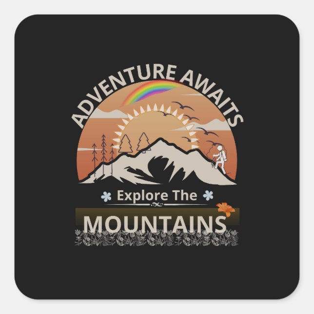 Adesivo Quadrado design "Adventure Await-Explore as montanhas" (Frente)