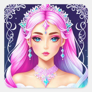Adesivo Quadrado Design bonito princesa de cabelo rosa