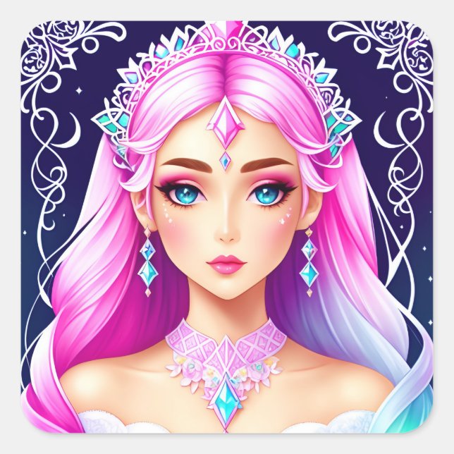 Adesivo Quadrado Design bonito princesa de cabelo rosa (Frente)