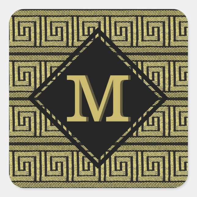 Adesivo Quadrado Design Clássico da Chave Grega em Dourado e Preto (Frente)