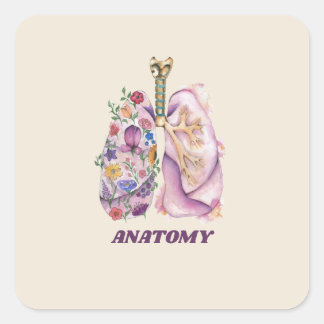 Adesivo Quadrado Design de Anatomia Pulmonar Floral em Aquarela