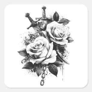 Adesivo Quadrado Design de Arte de Tatuagem Branca e Preta de Alto
