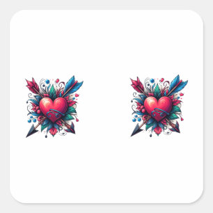 Adesivo Quadrado Design de Arte do Estilo de Tatuagem do Coração e