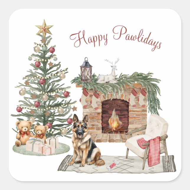Adesivo Quadrado Design de Cachorro Feliz Pawlidays - German shephe (Frente)