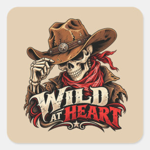 Adesivo Quadrado Design de Cowboy Esqueleto Alma Selvagem Ocidental
