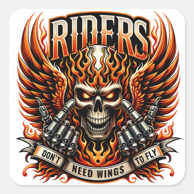 Adesivo Quadrado Design de crânio Negrito com Asas e Mãos Fiáveis (Frente)