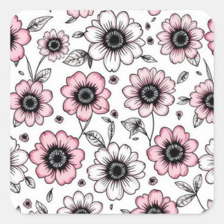 Adesivo Quadrado Design de esboços, flores e folhas, cor-de-rosa