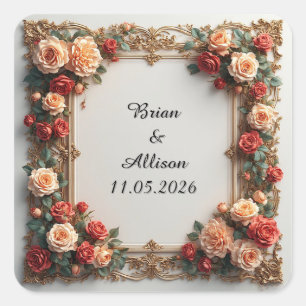 Adesivo Quadrado Design de Frame Floral Elegante de Casamento