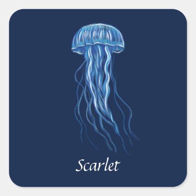 Adesivo Quadrado Design de ilustração da medusa azul personalizada (Frente)