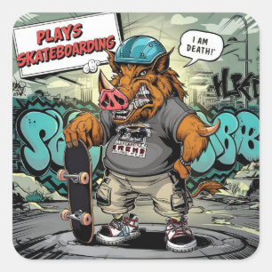 Adesivo Quadrado Design de ilustração do skate artístico selvagem