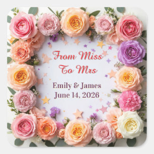 Adesivo Quadrado 🌸 Design de Moldura de Casamento Floral Pastel 🌸