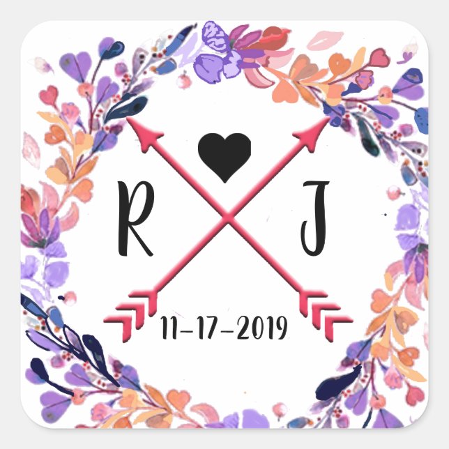 Adesivo Quadrado Design de Monograma de Casamento Floral Roxo (Frente)
