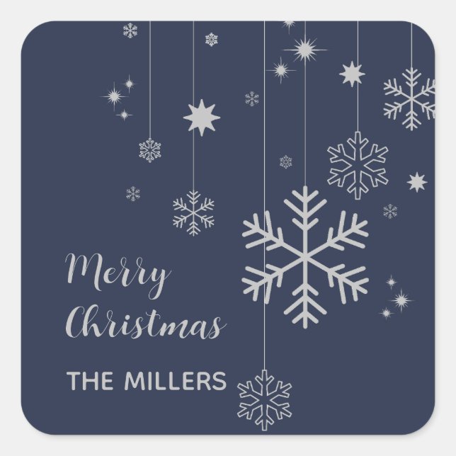 Adesivo Quadrado Design de Natal mínimo com flocos de neve (Frente)