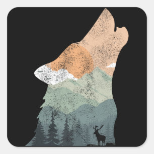 Adesivo Quadrado design de natureza vintage com silhueta de lobo