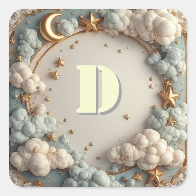 Adesivo Quadrado ✨ Design de Nome de Berçário Lua e Nuvens ✨ (Frente)